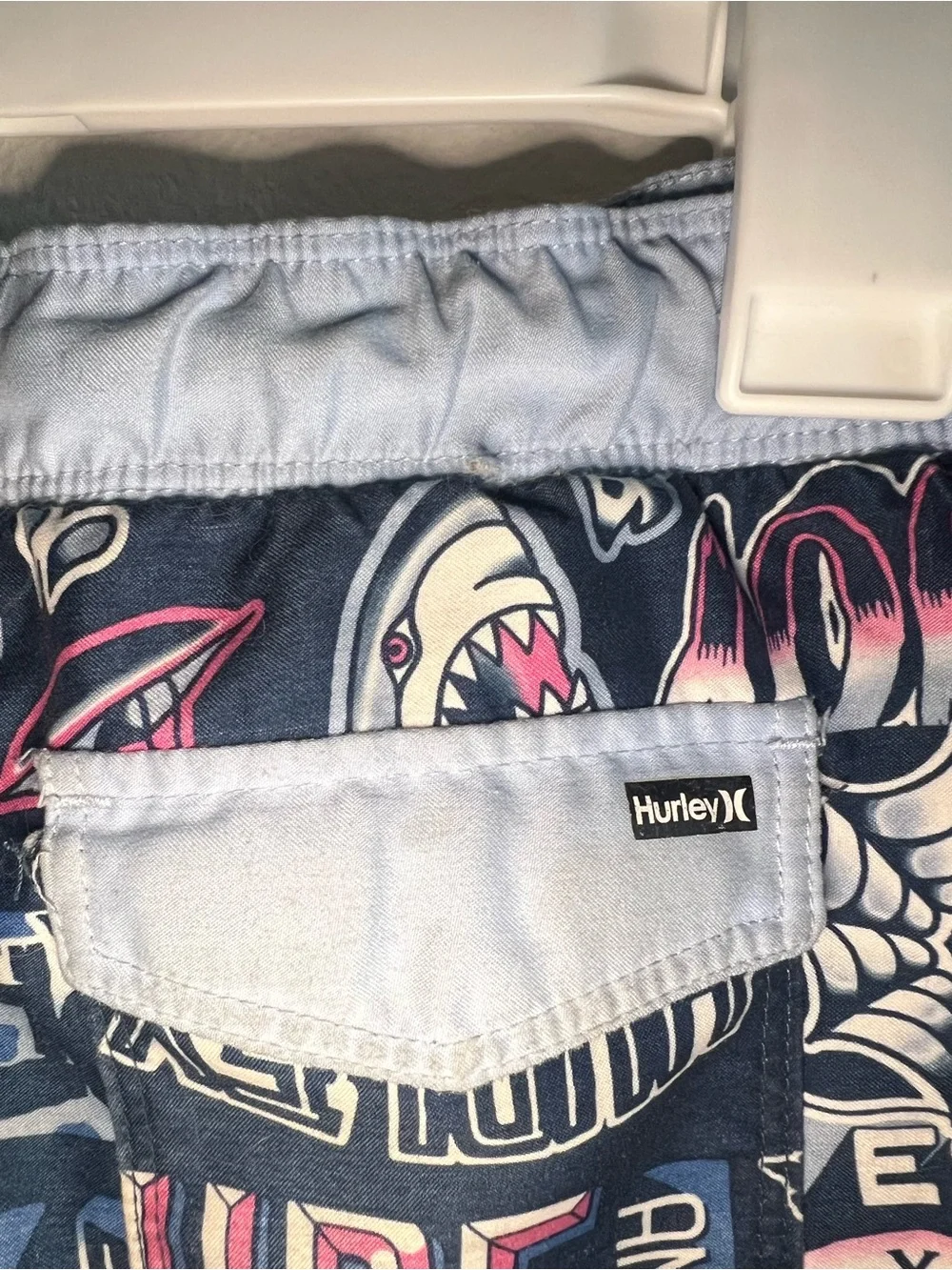 Hurley Navy Swim Shorts with Pink and White Surf Graphics